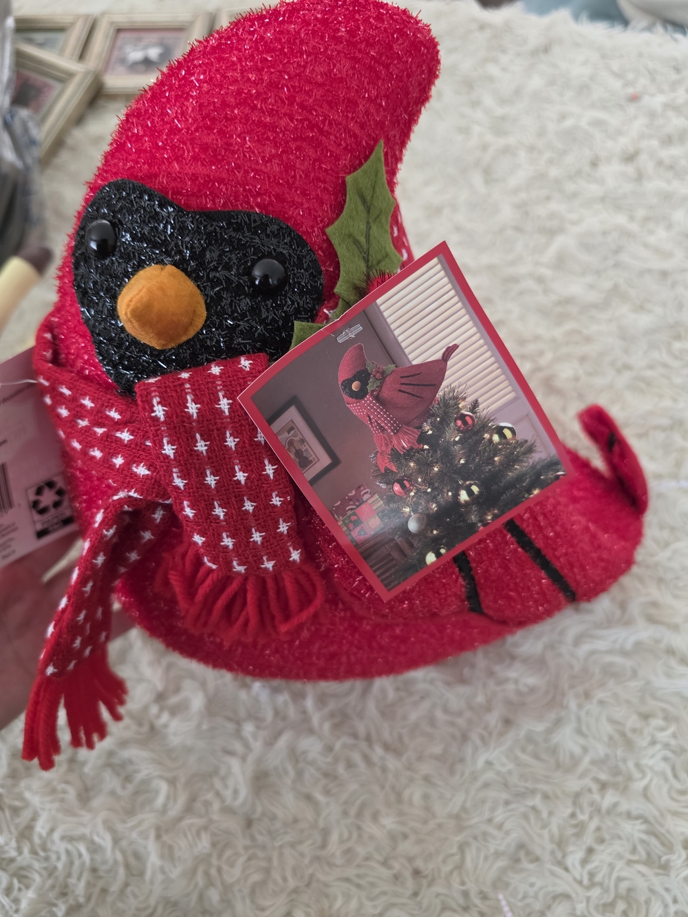 Holiday Time Red Cardinal Ornament with Orange Beak and Green Leaf